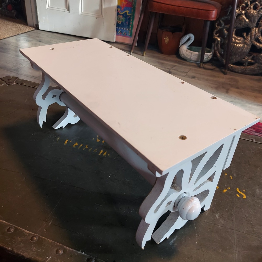 Vintage White Wood Wall Shelf with Paper Towel Rod Scrollwork 7x6x14 Inch